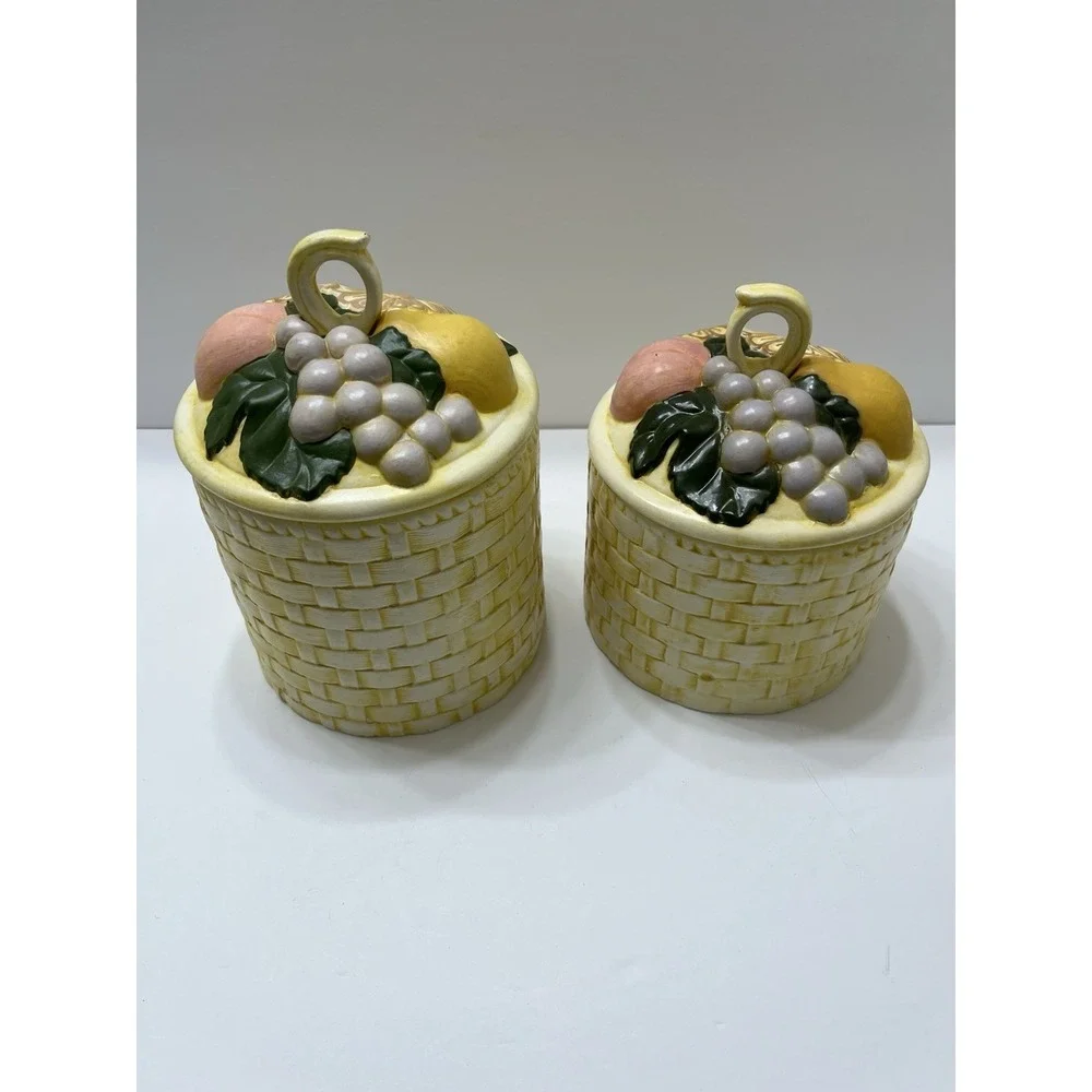 Vintage Ceramic Canister Set Of 2 Yellow Basket Weave Fruit With Lids 1970s